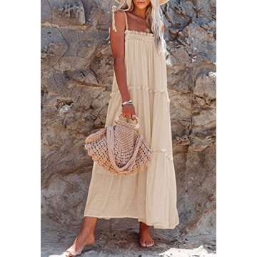 Meenew Women's Spaghetti Strap Boho Maxi Dress Casual Loose Long Summer Dress S Light Orange