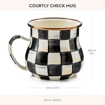 MACKENZIE-CHILDS Enamel Mug, Cute Enamelware Coffee and Tea Mug, Unique Drinkware, 16 Ounces, Black-and-White Courtly Check, Set of 1