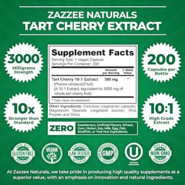 Zazzee Tart Cherry 10:1 Extract, 3000 mg Strength, 200 Vegan Capsules, 6+ Month Supply, Certified Kosher, Concentrated and Standardized 10X Extract, 100% Vegetarian, All-Natural, Gluten Free, Non-GMO