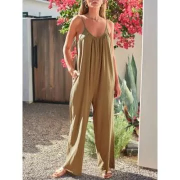AUTOMET Women's Jumpsuits Loose Casual Sleeveless Adjustable Wide Leg Cute Summer Rompers with Pockets Brown S