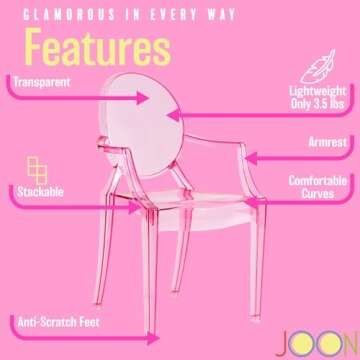 JOON 2 Pack Kids Ghost Chairs with Armrest Transparent, 25x13x14.5 Inches, Polycarbonate Material, 12.75” Seat Height, Stackable, for Toddler Parties, Playroom, Daycare, Home (Transparent Pink)
