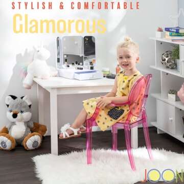 JOON 2 Pack Kids Ghost Chairs with Armrest Transparent, 25x13x14.5 Inches, Polycarbonate Material, 12.75” Seat Height, Stackable, for Toddler Parties, Playroom, Daycare, Home (Transparent Pink)