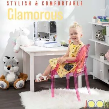 JOON 2 Pack Kids Ghost Chairs with Armrest Transparent, 25x13x14.5 Inches, Polycarbonate Material, 12.75” Seat Height, Stackable, for Toddler Parties, Playroom, Daycare, Home (Transparent Pink)