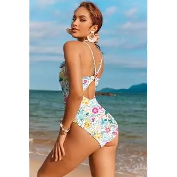 AI'MAGE Women's One Piece Swimsuits Tummy Control Bathing Suits Cutout High Cut Ruched Adjustable Strap Swimwear with O Ring, Multi Floral, L