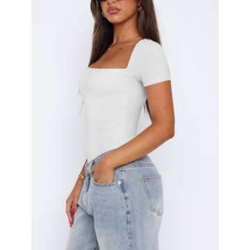 REORIA Women's Casual Sexy Square Neck Double Lined Cute Shirt Stretchy Short Sleeve Trendy Going Out Thong Bodysuit Tops White Plus Size XX-Large