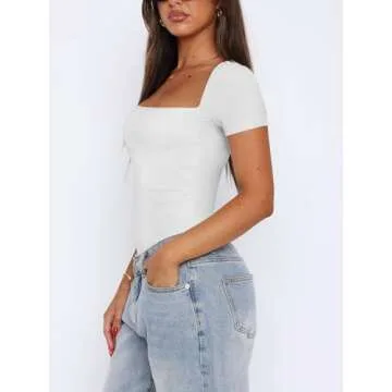 REORIA Women's Casual Sexy Square Neck Double Lined Cute Shirt Stretchy Short Sleeve Trendy Going Ou...