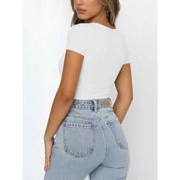 REORIA Women's Casual Sexy Square Neck Double Lined Cute Shirt Stretchy Short Sleeve Trendy Going Out Thong Bodysuit Tops White Plus Size XX-Large