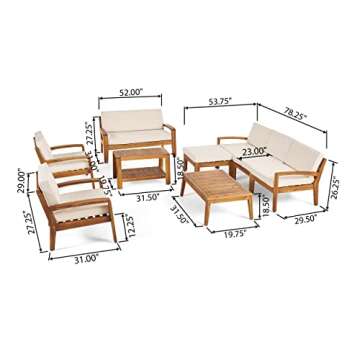 Great Deal Furniture GDFStudio 7-Seater Sectional Sofa Set for Patio with Loveseat, Club Chairs, Ottoman, and Coffee Tables, Acacia Wood, Teak Finish with Beige Outdoor Cushions