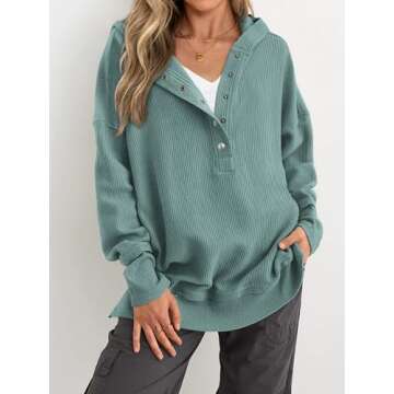 PRETTYGARDEN Womens Fashion 2024 Long Sleeve Hoodie Oversized Button Up V Neck Sweatshirt Side Slit ...