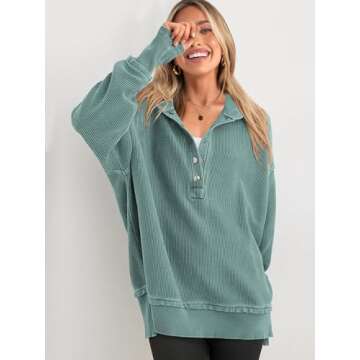 PRETTYGARDEN Womens Fashion 2024 Long Sleeve Hoodie Oversized Button Up V Neck Sweatshirt Side Slit Casual Pullover Tops(Grey Green,Large)