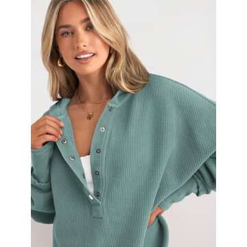 PRETTYGARDEN Womens Fashion 2024 Long Sleeve Hoodie Oversized Button Up V Neck Sweatshirt Side Slit Casual Pullover Tops(Grey Green,Large)