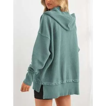 PRETTYGARDEN Womens Fashion 2024 Long Sleeve Hoodie Oversized Button Up V Neck Sweatshirt Side Slit Casual Pullover Tops(Grey Green,Large)