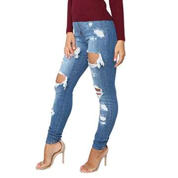 Tulucky Women's Distressed Slim Fit Ripped Denim Pants - Comfy Stretch Skinny Jeans (Blue, XL)