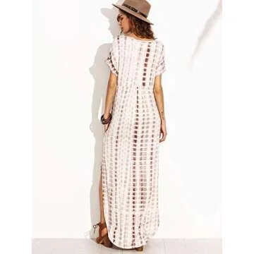 Caat Aycox Casual Maxi Short Sleeve Split Tie Dye Long Dress Coffee