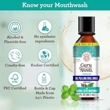GuruNanda Travel Size Coconut Oil Pulling, 7 Essential Oils & Vitamins, Fresh Breath & Whitening Mouthwash, No Alcohol & Fluoride, 3 oz