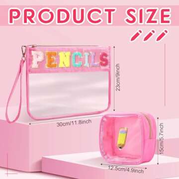 Hillban 2 Pcs Preppy Pencil Case Chenille Patch Letter Makeup Bag Graduation Gift Clear Cosmetic Toi...