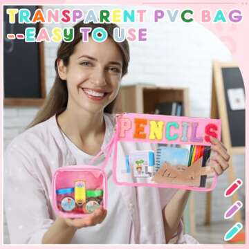 Hillban 2 Pcs Preppy Pencil Case Chenille Patch Letter Makeup Bag Graduation Gift Clear Cosmetic Toiletry Pouch Waterproof Travel Stuff Purse for Back Teacher Gift(Pink)