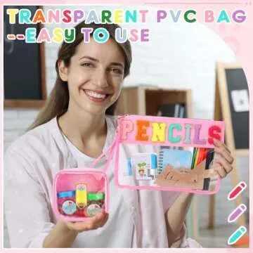 Hillban 2 Pcs Preppy Pencil Case Chenille Patch Letter Makeup Bag Graduation Gift Clear Cosmetic Toiletry Pouch Waterproof Travel Stuff Purse for Back Teacher Gift(Pink)