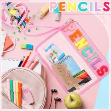 Hillban 2 Pcs Preppy Pencil Case Chenille Patch Letter Makeup Bag Graduation Gift Clear Cosmetic Toiletry Pouch Waterproof Travel Stuff Purse for Back Teacher Gift(Pink)