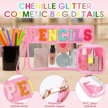 Hillban 2 Pcs Preppy Pencil Case Chenille Patch Letter Makeup Bag Graduation Gift Clear Cosmetic Toiletry Pouch Waterproof Travel Stuff Purse for Back Teacher Gift(Pink)