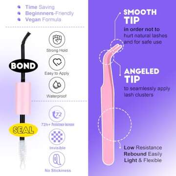 Pawotence Lash Extension Kit Individual Lash Clusters Kit 40D 50D Eyelash Extension Kit 8-16mm Eyelash Clusters with Lash Bond and Seal, Lash Tweezers for Beginners (40D&50D, 0.07D, 8-16mm, Kit)