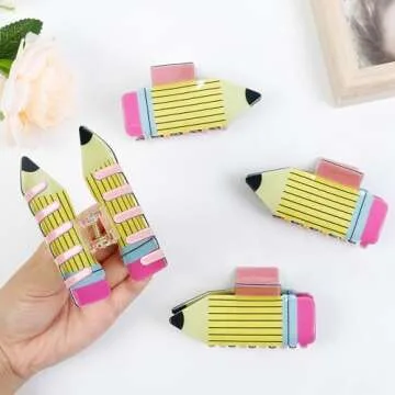 4 Yellow Pencil Hair Clips Set for Teachers and Students