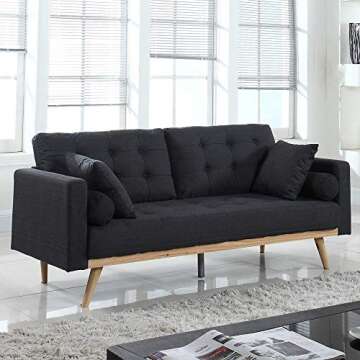 Casa Andrea Milano LLC Mid Century Modern Tufted Upholstered Fabric Sofa Couch, Dark Grey