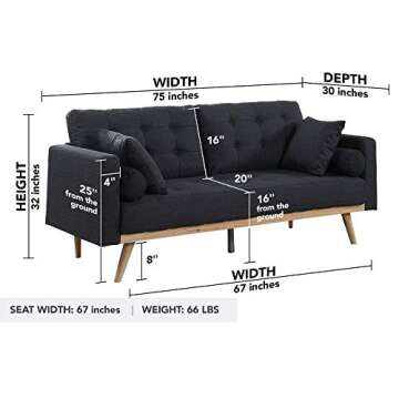 Casa Andrea Milano LLC Mid Century Modern Tufted Upholstered Fabric Sofa Couch, Dark Grey