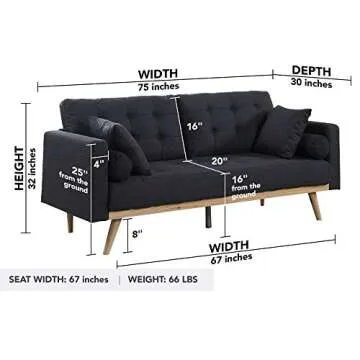 Casa Andrea Milano LLC Mid Century Modern Tufted Upholstered Fabric Sofa Couch, Dark Grey