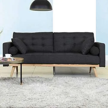 Casa Andrea Milano LLC Mid Century Modern Tufted Upholstered Fabric Sofa Couch, Dark Grey