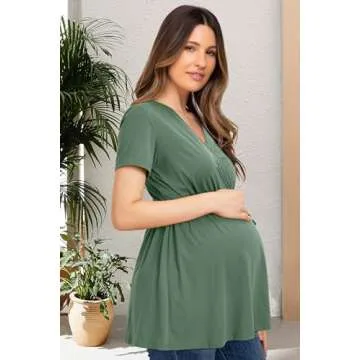 OUGES Women's Maternity Tunics Tops Shirts Short Sleeve Wrap V Neck Nursing Maternity Clothes Casual Pregnancy Blouse(Gray Green,M)