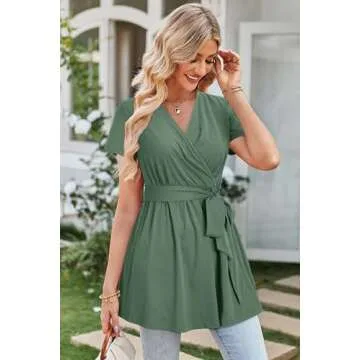OUGES Women's Maternity Tunics Tops Shirts Short Sleeve Wrap V Neck Nursing Maternity Clothes Casual Pregnancy Blouse(Gray Green,M)