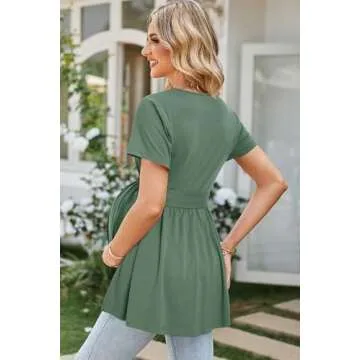OUGES Women's Maternity Tunics Tops Shirts Short Sleeve Wrap V Neck Nursing Maternity Clothes Casual Pregnancy Blouse(Gray Green,M)