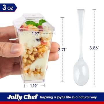 JOLLY CHEF 100 Pack 3 oz Mini Dessert Cups with Spoons and Lids, Square Tall Clear Plastic Parfait A...