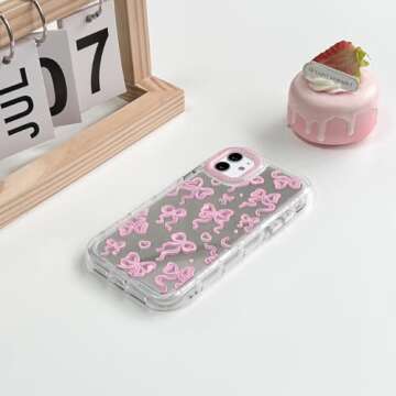NITITOP Compatible with iPhone 11 Case Cute Mirror Bow Love Heart Pattern for Women Girls Ribbon Design Shockproof Silver Protective Phone Cover - Pink Bow