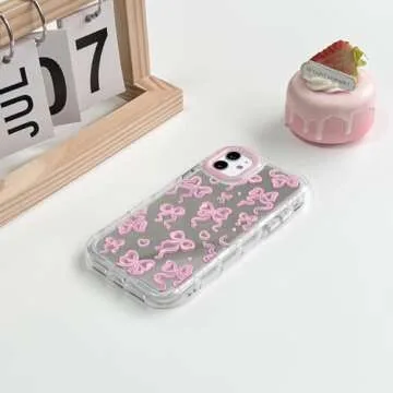 NITITOP Compatible with iPhone 11 Case Cute Mirror Bow Love Heart Pattern for Women Girls Ribbon Design Shockproof Silver Protective Phone Cover - Pink Bow
