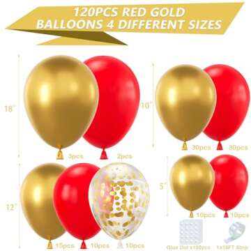 YAOWKY Red Gold Balloons Garland Kit, 120Pcs 18 12 10 5In Red and Gold Balloons With Gold Confetti B...