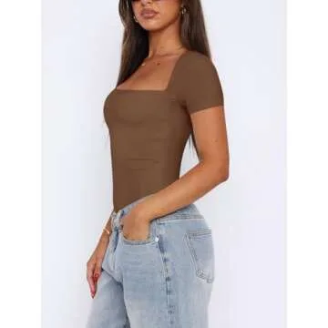 REORIA Womens Fashion Sexy Square Neck Double Lined Fitted Shirts Stretchy Short Sleeve Slimming Goi...