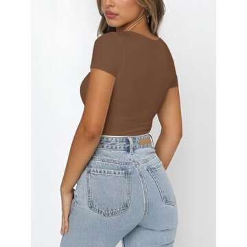 REORIA Womens Fashion Sexy Square Neck Double Lined Fitted Shirts Stretchy Short Sleeve Slimming Going Out Thong Bodysuit Tops Coffee Medium