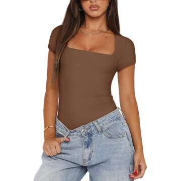 REORIA Womens Fashion Sexy Square Neck Double Lined Fitted Shirts Stretchy Short Sleeve Slimming Going Out Thong Bodysuit Tops Coffee Medium