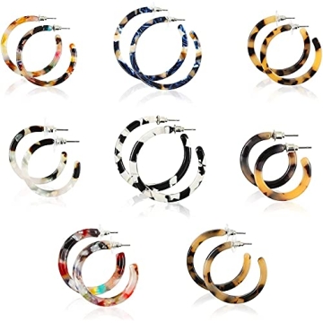 Zodaca Resin Tortoise Shell Hoop Earrings for Women - 8 Colorful Pairs, Perfect Gifts for All Occasi...