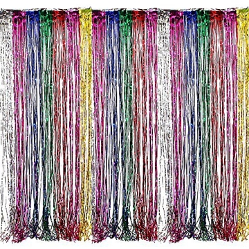 Adorox Metallic Silver Gold Rainbow Photo Backdrop Foil Fringe Curtains Party Wedding Event Decorati...