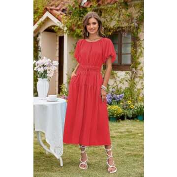 Angashion Women Summer Casual Dress: Short Puff Sleeve High Waisted V Neck Lined Flowy Midi Dresses ...