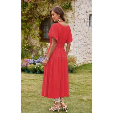 Angashion Women Summer Casual Dress: Short Puff Sleeve High Waisted V Neck Lined Flowy Midi Dresses with Pockets Red Small