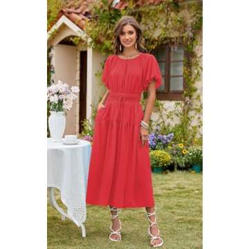 Angashion Women Summer Casual Dress: Short Puff Sleeve High Waisted V Neck Lined Flowy Midi Dresses with Pockets Red Small