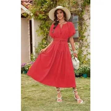 Angashion Women Summer Casual Dress: Short Puff Sleeve High Waisted V Neck Lined Flowy Midi Dresses with Pockets Red Small