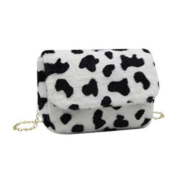 RARITYUS Women Fashion Leopard Print Shoulder Bag Fluffy Plush Handbag Cow Print Crossbody Purse Fau...