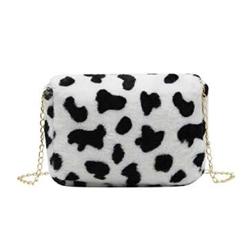 RARITYUS Women Fashion Leopard Print Shoulder Bag Fluffy Plush Handbag Cow Print Crossbody Purse Faux Fur with Chain Strap