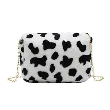 RARITYUS Women Fashion Leopard Print Shoulder Bag Fluffy Plush Handbag Cow Print Crossbody Purse Faux Fur with Chain Strap