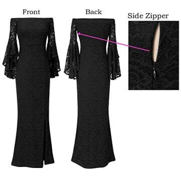 VFSHOW Womens Floral Lace Off Shoulder Bell Sleeve Formal Party Maxi Dress 1810 BLK XL